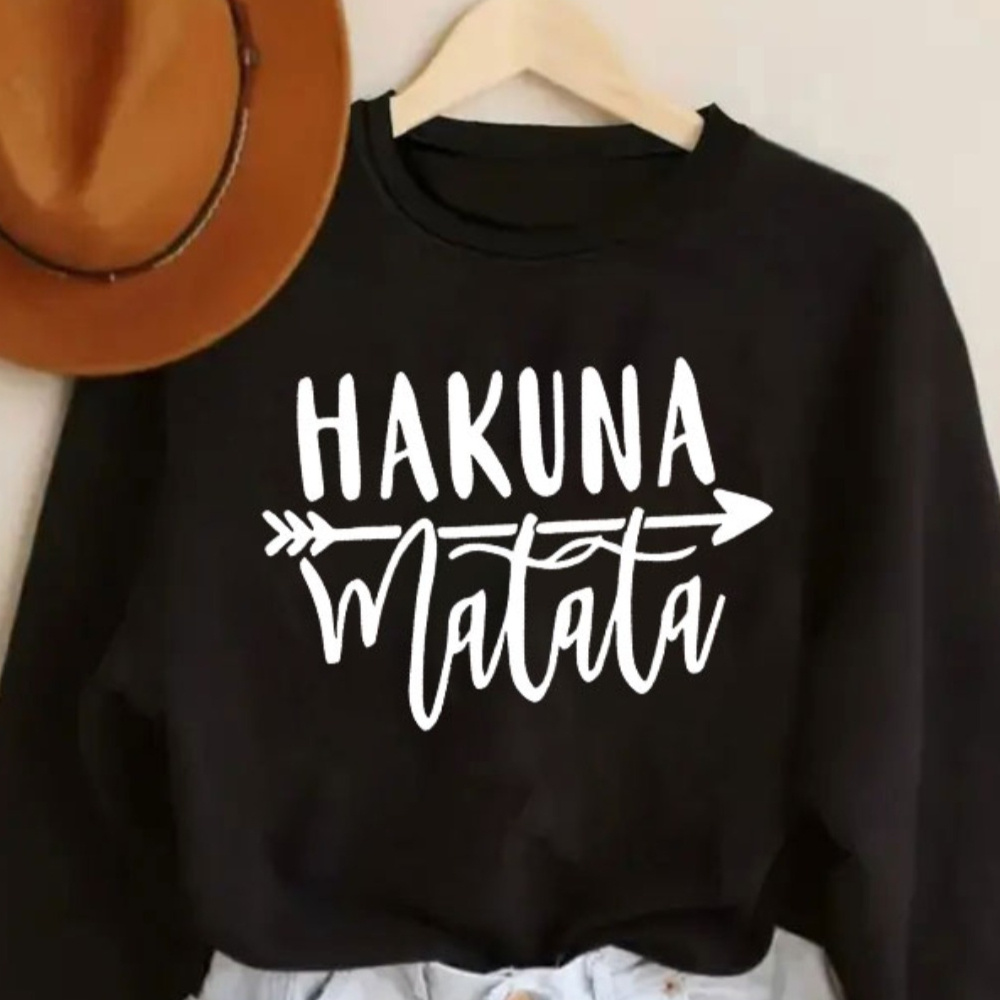 

Sweat-shirt décontracté à manches longues et col rond pour femme avec imprimé "Hakuna ", tissu en polyester tricoté, pull d'automne/hiver avec doublure en polaire et extensible.