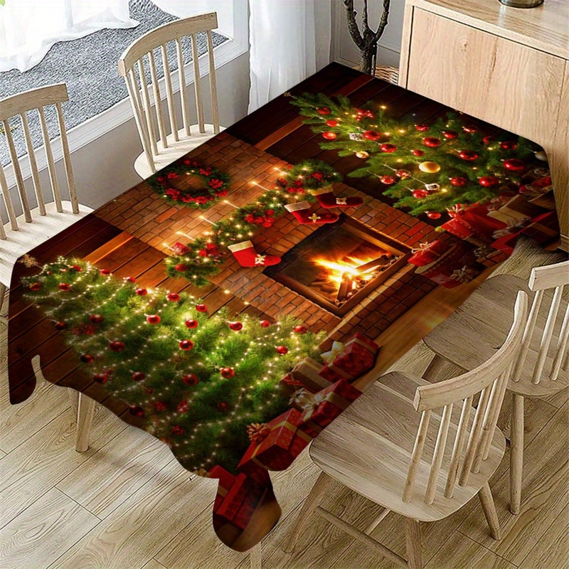 

Christmas Holiday Tablecloth - Polyester Non-woven Rectangular Table Cover With Festive Fireplace And Christmas Tree Room, Dining Room, And Party Decor - Machine Made, 100% Polyester