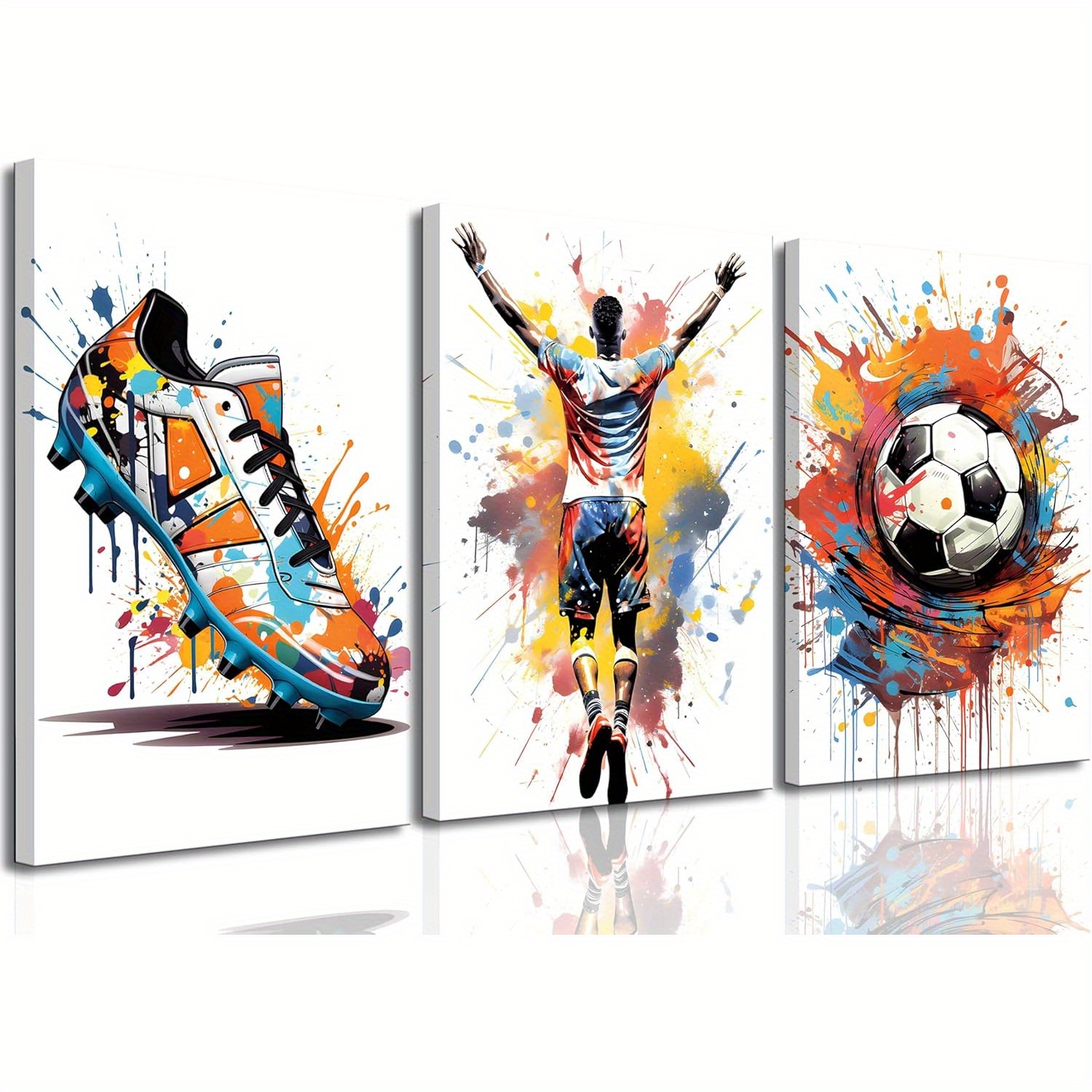 

3pcs Graffiti Soccer Canvas Colorful Sneakers Wrapped Prints Wall Decor Pictures Sports Theme Football Paintings For Bedroom Boys Room Teen Kids Playroom Home Decoration (wrapped Canvas)