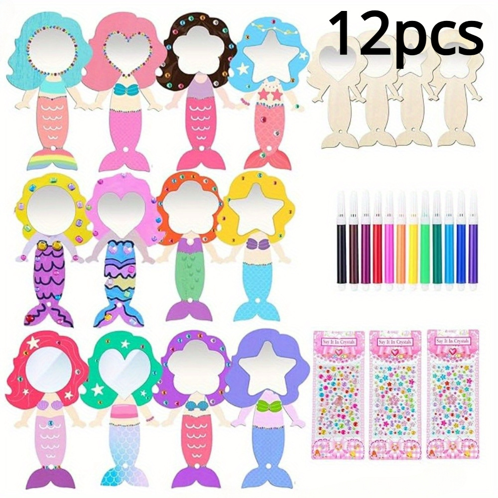 

12pcs Diy Mermaid Mirror Craft Set: Paint Your Own Wooden Hand Mirrors For Art Activities And Birthday Gifts