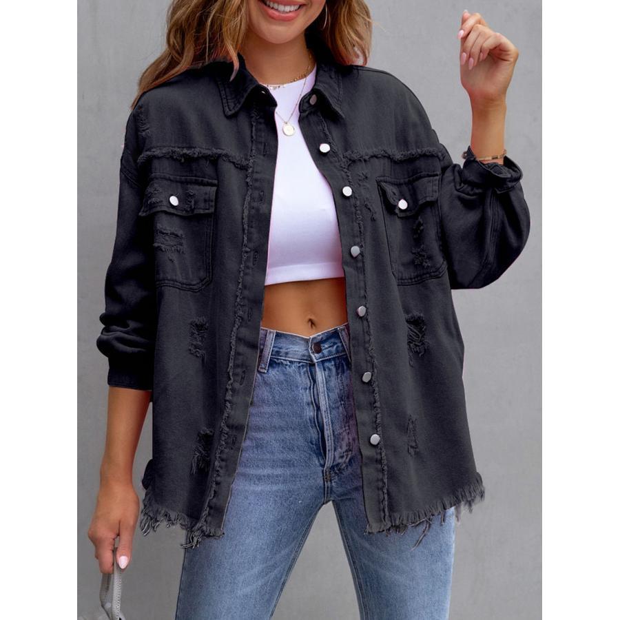 

Plus Size Women's Ripped Distressed Denim Jacket Long Sleeve Button Down Boyfriend Jean Coat Trucker Jacket