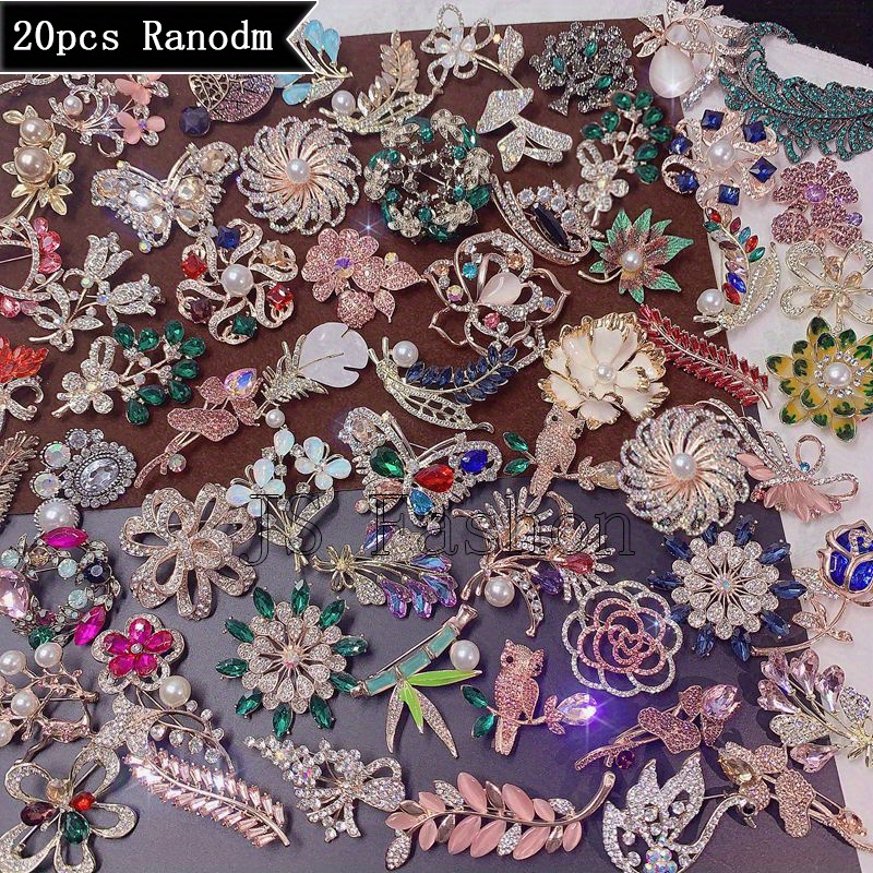 TEMU 20pcs Elegant Alloy Brooch Pin Inlaid Colorful Zirconia Pearls Artificial Crystal Mixed Style, Exquisite Sweater Dress Accessories, Retro Corsage Accessory For Women Men