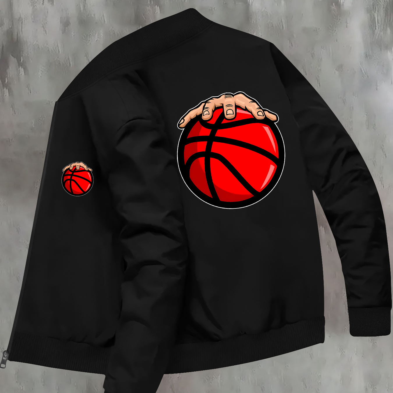 

Men's Casual Basketball Print Fitted Polyester Jacket With Small Stand-up Collar, Knit Fabric, Elasticity, And Pocket Details - Trendy Autumn/winter Sports Zippered Jacket