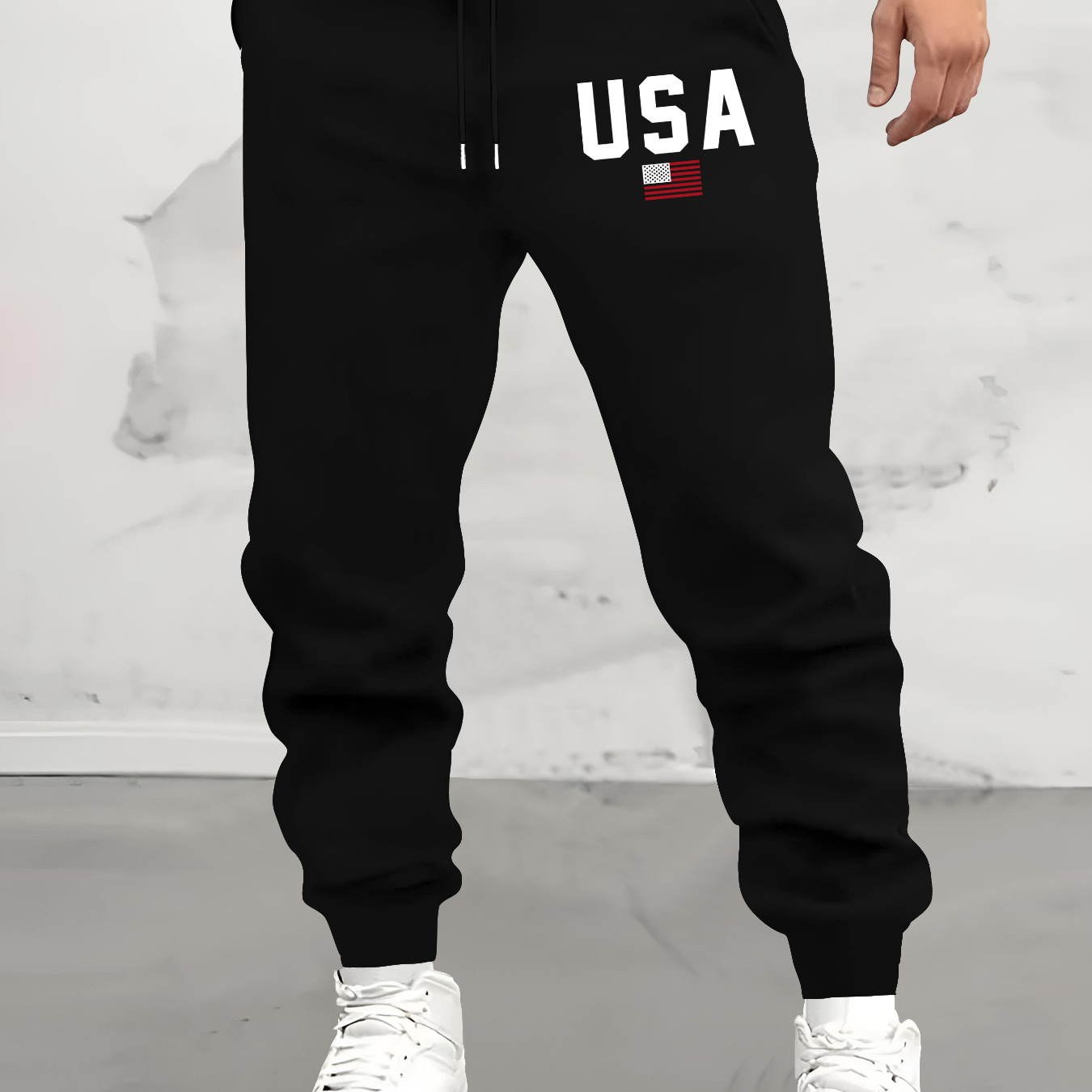 

Men's Casual Sports Elastic Waistband Drawstring Sweatpants With Usa Print, Polyester Knit Fabric, Pocket Detail, Regular Fit For Spring/fall