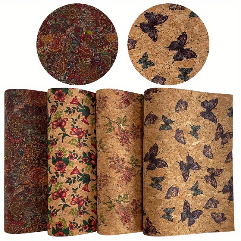 Image of 4pcs Printed Leather Craft Material Set 8.26 Inches X Inches (21 Cm X 30 Cm), Asian Ethnic Style Cork Fabric, Easy To Synthetic Leather Pieces, Suitable For Earrings, Keychains, Wallets
