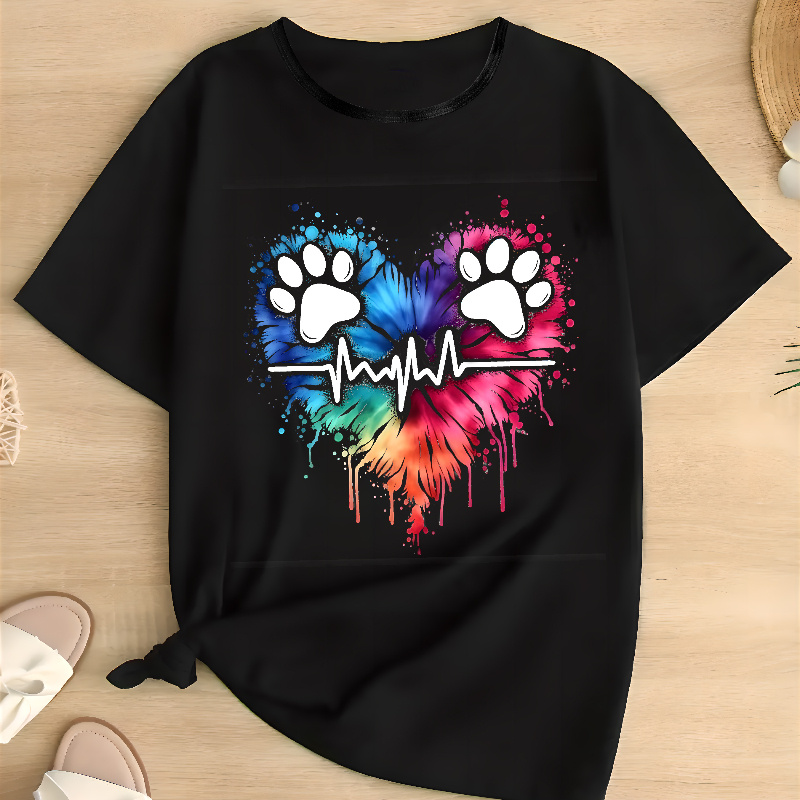 

Women's Plus Size T-shirt, Casual Crew Neck, Short Sleeve, Soft Polyester , Machine Washable, Geometric Paw & Heart Print, Regular Fit, Spring/summer Fashion, Stretch Knit Fabric, Round Neck, Black