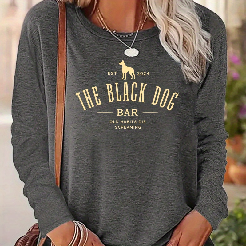 

Chic Women's Long Sleeve T-shirt With Dog & Letter Print - Casual Crew Neck, Stretchy Polyester Blend, Machine Washable