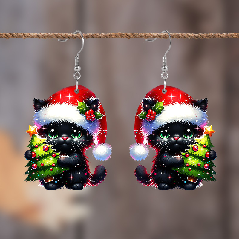 

Black Cat & Christmas Tree Acrylic Earrings - Stainless Steel Posts, Cute & For Women - Gift, Christmas Earrings, Best For Christmas