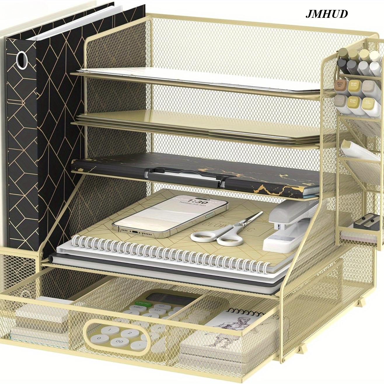 

Jmhud 5-shelf Thickened Mesh, Tray Organizer With Pen Holder And Drawer, Desktop Organizer And Storage Cabinet With 3 Tiltable File Sorters For Office And Home Storage