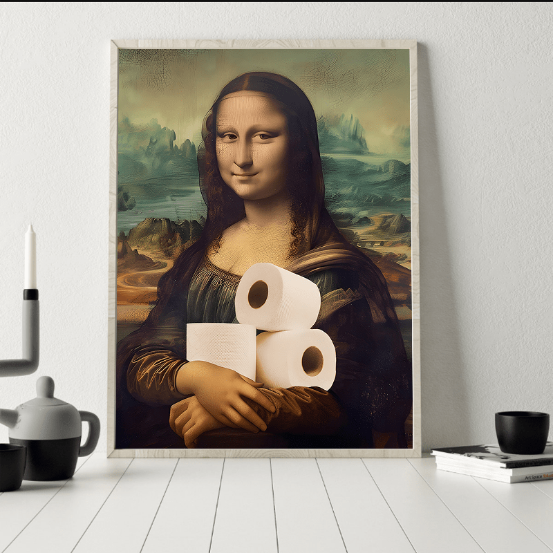 

1pc Retro Fun Bathroom Wall Decor, Mona Lisa Wall Art Deco, Quirky Bathroom Art, Waterproof Canvas Wall Art Poster, Home Decor Mural, 11.8x15.7 Inches, Framed