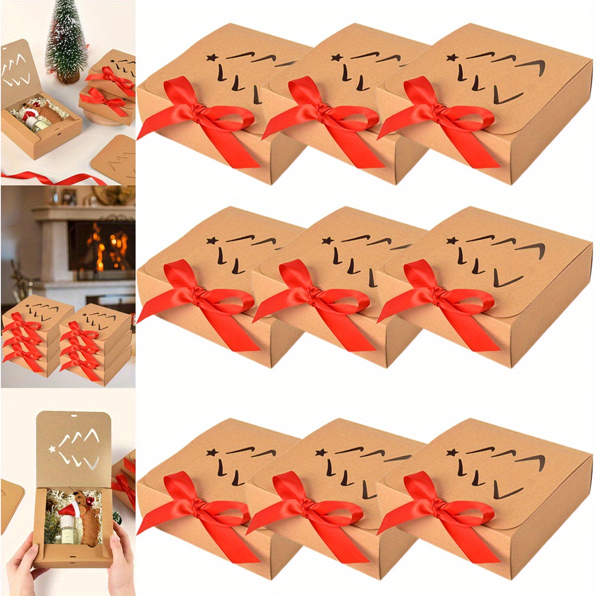 

10pcs Christmas Gift Boxes With Bows & Ribbons - Kraft Paper, For Holiday Treats, Candy, Goodies - , Birthday, Wedding Party Favors