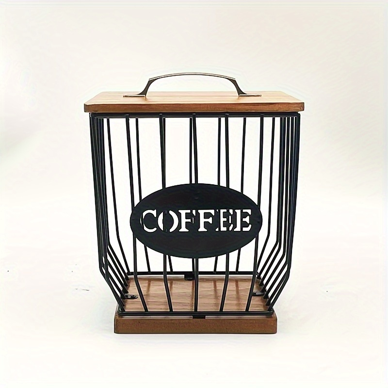 TEMU 1pc Large-capacity Black Metal Square Coffee Bean Rack With Lid, With Wooden Base, Modern Decoration, Suitable For Counters, Coffee Bars, Coffee