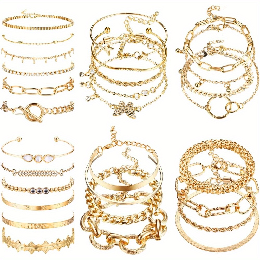 27pcs Golden Stackable Chain Bracelets Set For Women Boho Dainty Multiple Layered Stackable Open Cuff Wrap Bangle Adjustable Trendy Paperclip Link Italian Cuban Jewelry For Women