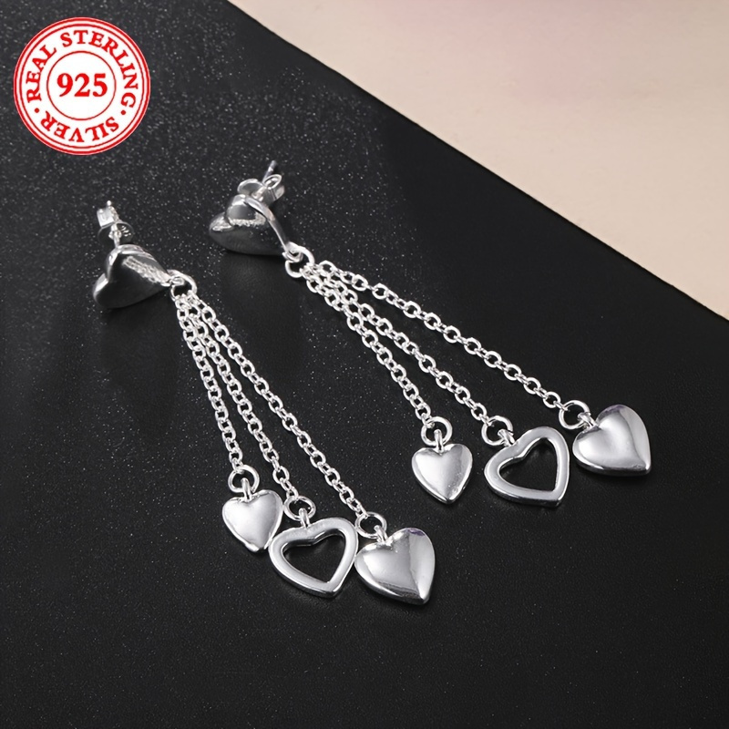

925 Sterling Silver Tassel Heart-shaped Pendant Earrings, Elegant Long Chain Pendant Style, Luxurious And Fashionable, Suitable For Women