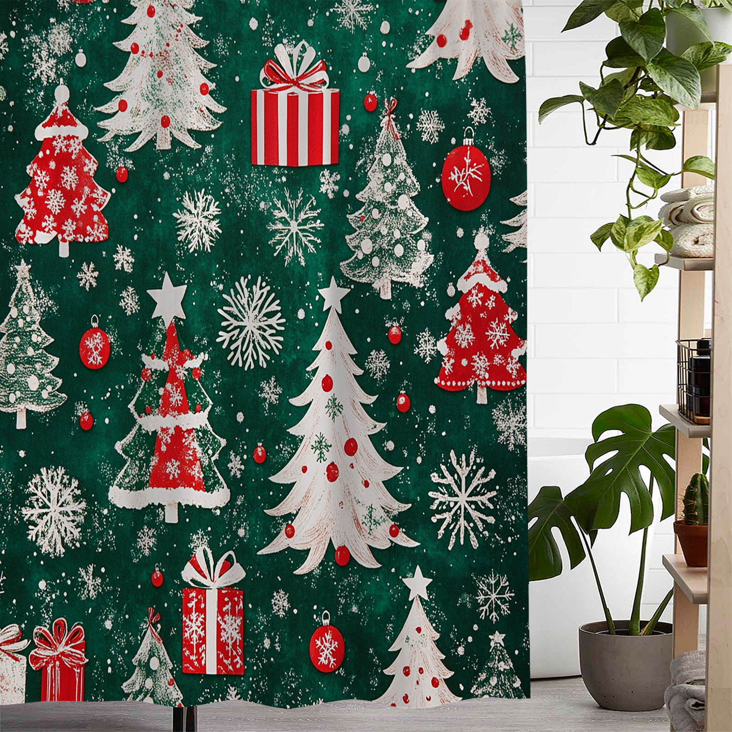 

Vintage Christmas Ornaments Snowflake Tree Print Waterproof Shower Curtain With 12 Hooks, Woven Polyester Fabric, Machine Washable, Water-resistant Bath Decor Curtain