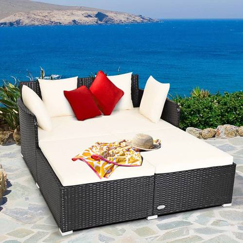 outdoor patio rattan daybed pillows cushioned sofa furniture beige