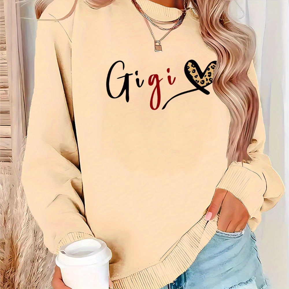 

Gigi Heart Print Casual Crew Neck Sweatshirt - 100% Polyester Knit Fabric, Comfort Fit Pullover For Adults With Slight Stretch, Cartoon Pattern Design, Versatile For All Seasons