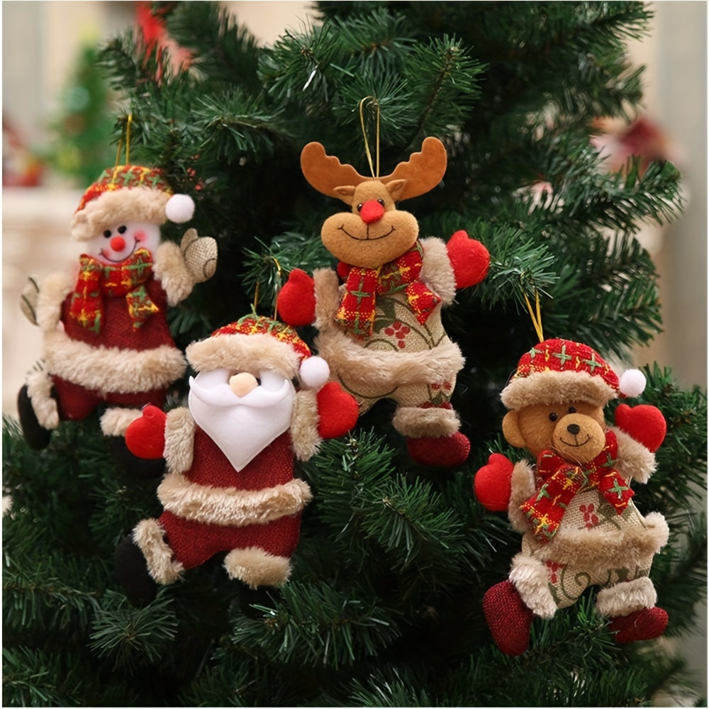 

4 Christmas Tree Ornaments - Cute Santa Claus, Snowman, Elk And Bear Plush Toys With Lattice Pattern - For And Garden Decoration