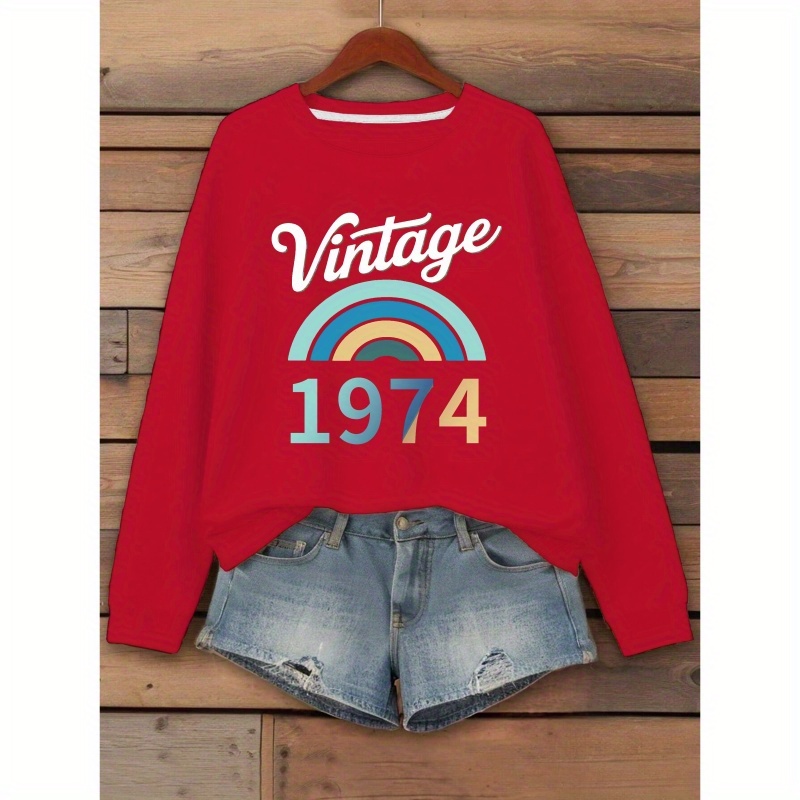 

1974 Vintage Sweatshirt - 100% Polyester Crew Neck Pullover, Casual Knit Fabric Sweater For Women, Retro Patterned Long Sleeve Top For Fall/winter