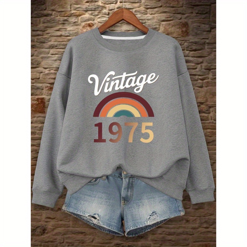 

Vintage 1975 Graphic Crew Neck Sweatshirt - Casual Polyester Pullover For Women, Fall & Spring