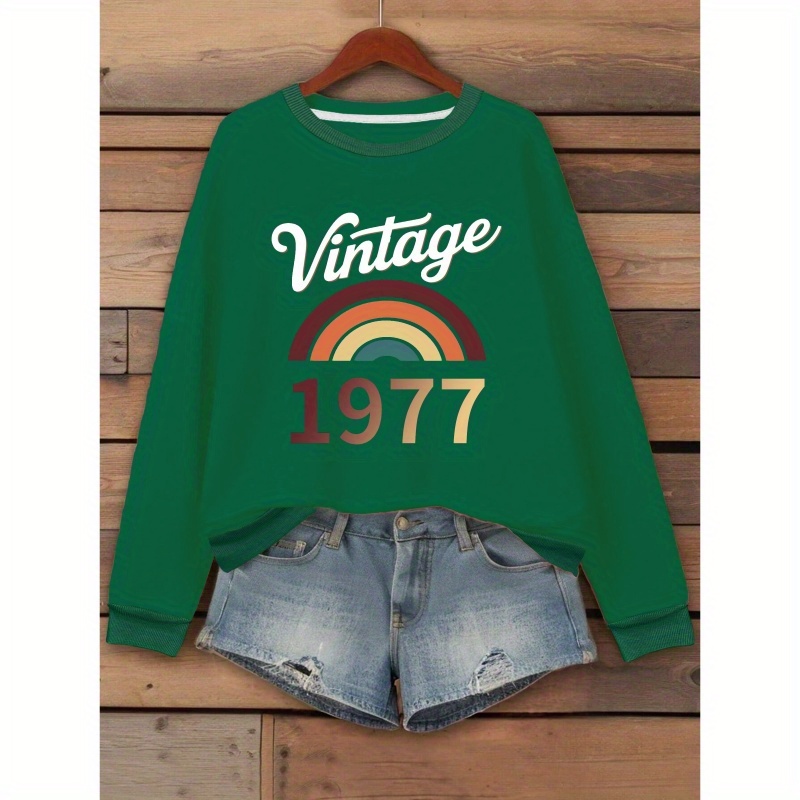 

Retro , Vintage 1977 Graphic Crew Neck Sweatshirt - Casual Polyester Pullover For Women, Fall & Spring