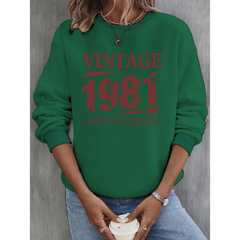 

Sweatshirt Col Rond Graphique Vintage 1981 pour Femme - Pull Décontracté en Polyester, Parfait pour l'Automne & le Printemps