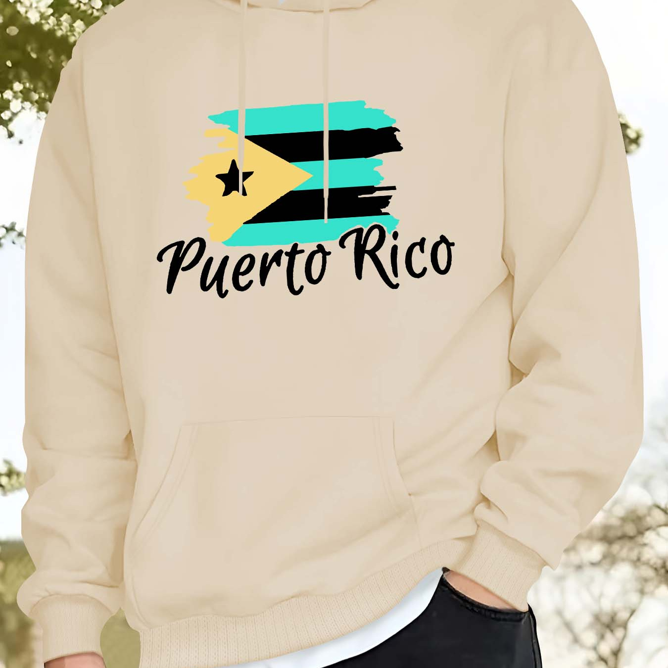 

Fall/winter Casual Knit Hooded Sweatshirt With Puerto Rico Print - Men's Regular Fit Polyester Hoodie With Kangaroo Pocket And Slight Stretch Fabric