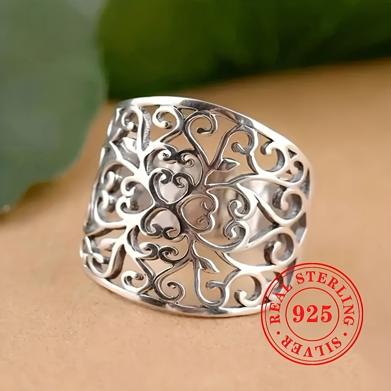 

925 Sterling Silver Hollow Vine Wide Ring, Wide Hollow Leaf Pattern, Bohemian Style, Neutral Retro Jewelry Accessory, Women's Gift