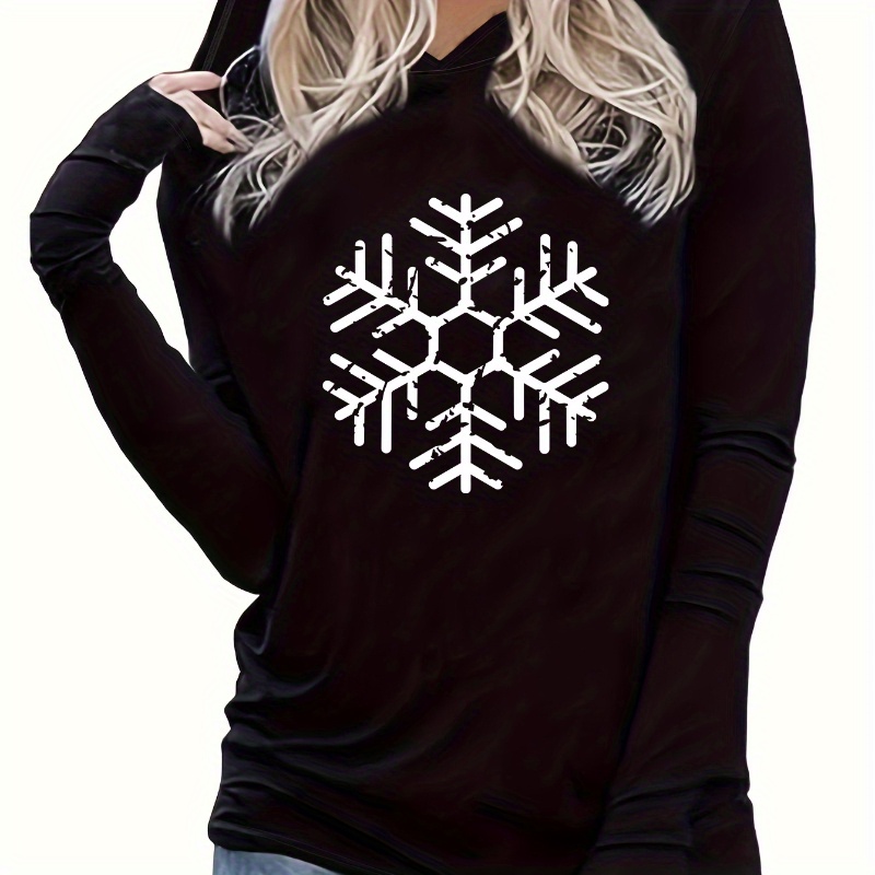 

Women's Christmas Snowflake Print Hooded Long Sleeve T-shirt - 95% Polyester, 5% Elastane Knit Fabric, Casual Style For Spring/summer - Floral Pattern Hoodie With Regular Fit