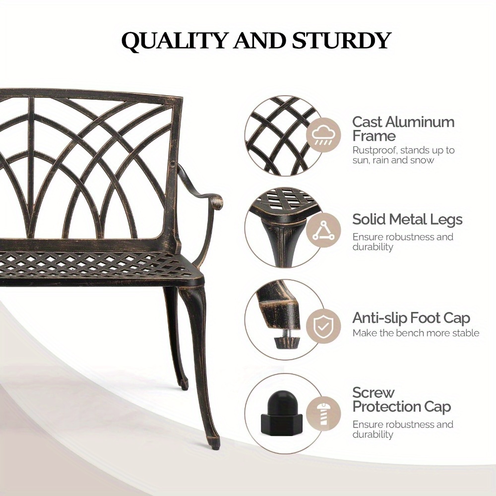 38-inch Patio Aluminum Bench, Suitable For Backyards, Porches, And Paths; Garden Patio Bench With Orchid-shaped Backrest Design.
