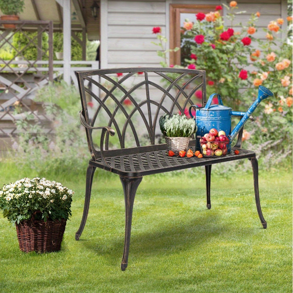 38-inch Patio Aluminum Bench, Suitable For Backyards, Porches, And Paths; Garden Patio Bench With Orchid-shaped Backrest Design.