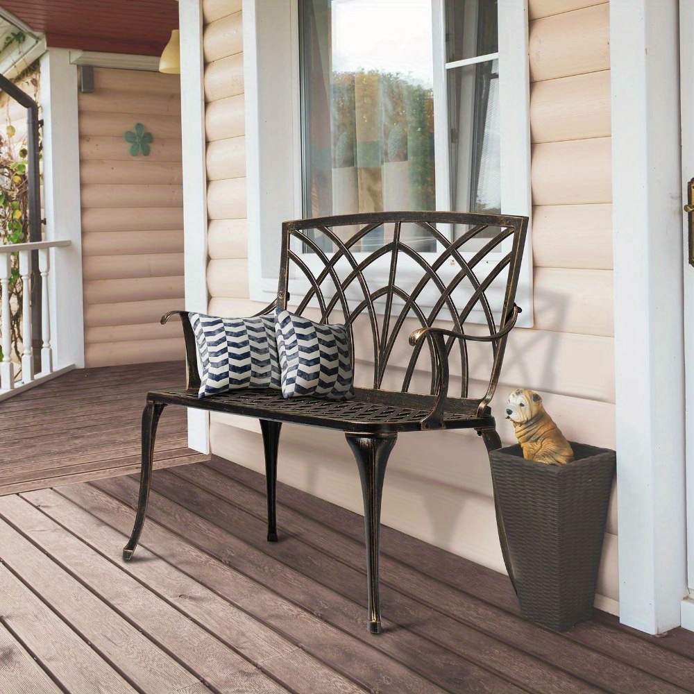 38-inch Patio Aluminum Bench, Suitable For Backyards, Porches, And Paths; Garden Patio Bench With Orchid-shaped Backrest Design.