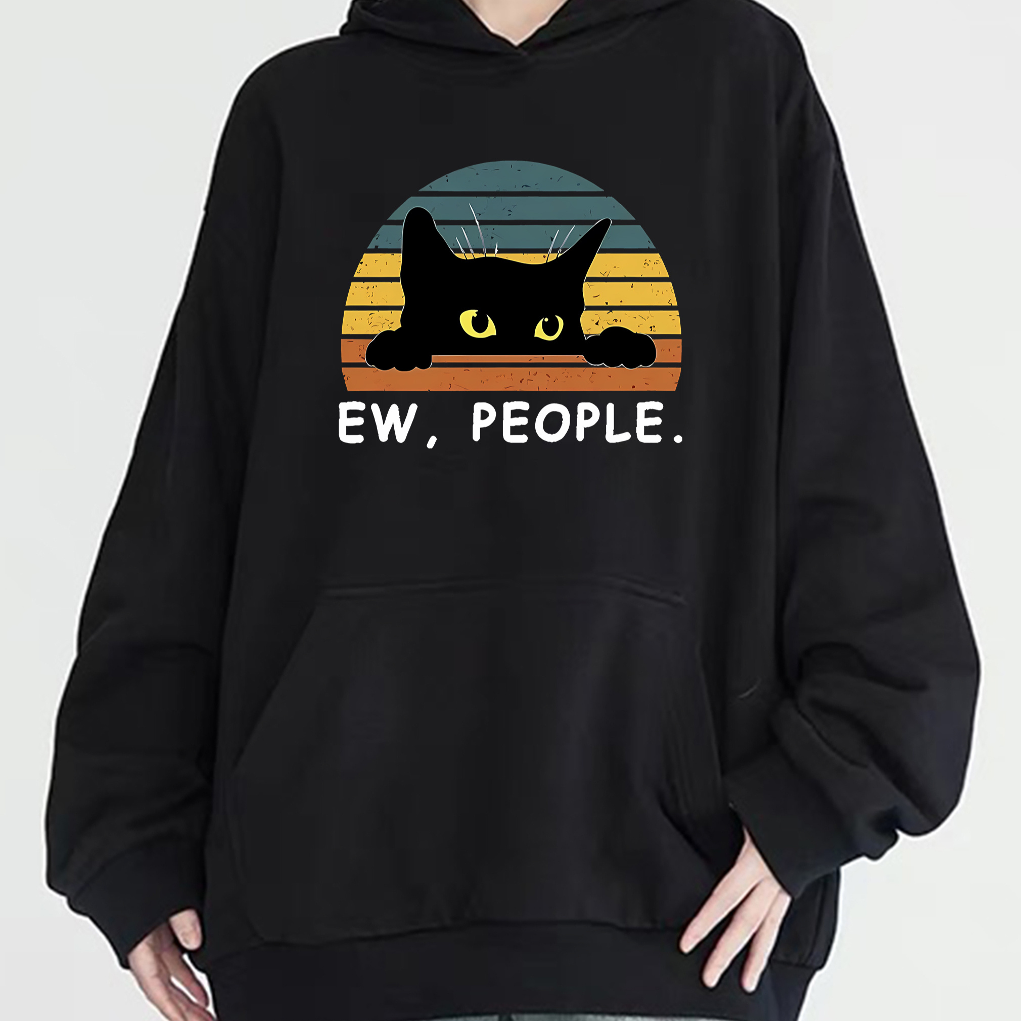 

Women's Casual "ew, People" Cat Graphic Print Hoodie With Long Sleeves, Hooded Neck, And Front Pocket | 100% Polyester Knit Fabric | Versatile Fashion Pullover For All Seasons