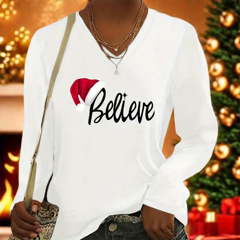 

Christmas Letter Print T-shirt, Long Sleeve V Neck Casual Top For Spring & Fall, Women's Clothing