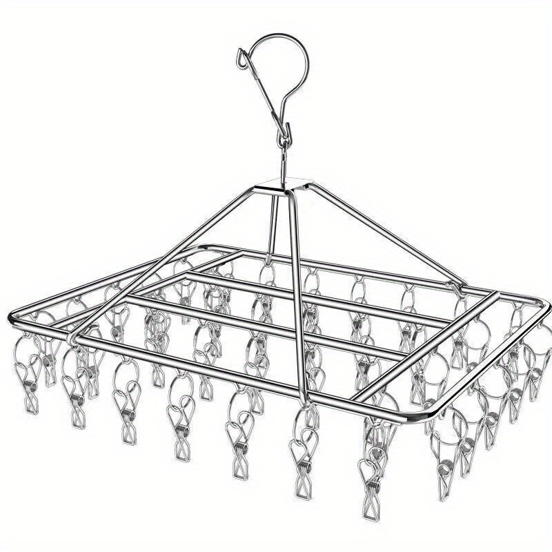 

Stainless Steel Laundry Drying Rack With 40 Clips, Polished Metal Swivel Hook, Windproof Locking Design, Removable Clips, Durable Clothes & Socks Hanger - Indoor/outdoor Use