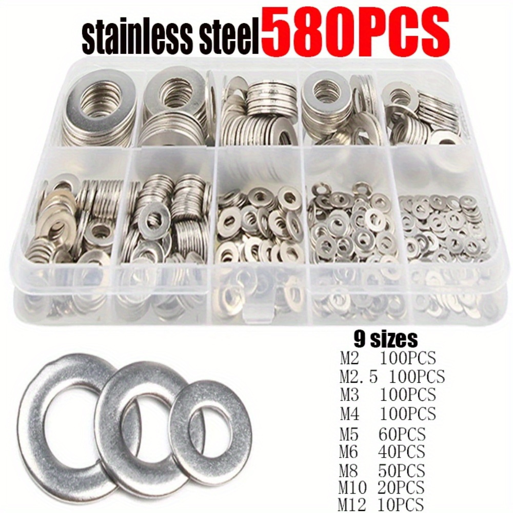 

580pcs Stainless Steel Flat Washer Assortment Kit - M2/m2.5/m3/m4/m5/m6/m8/m10/m12 Sizes, Hardware Fastener Accessories With Stainless Steel Finish