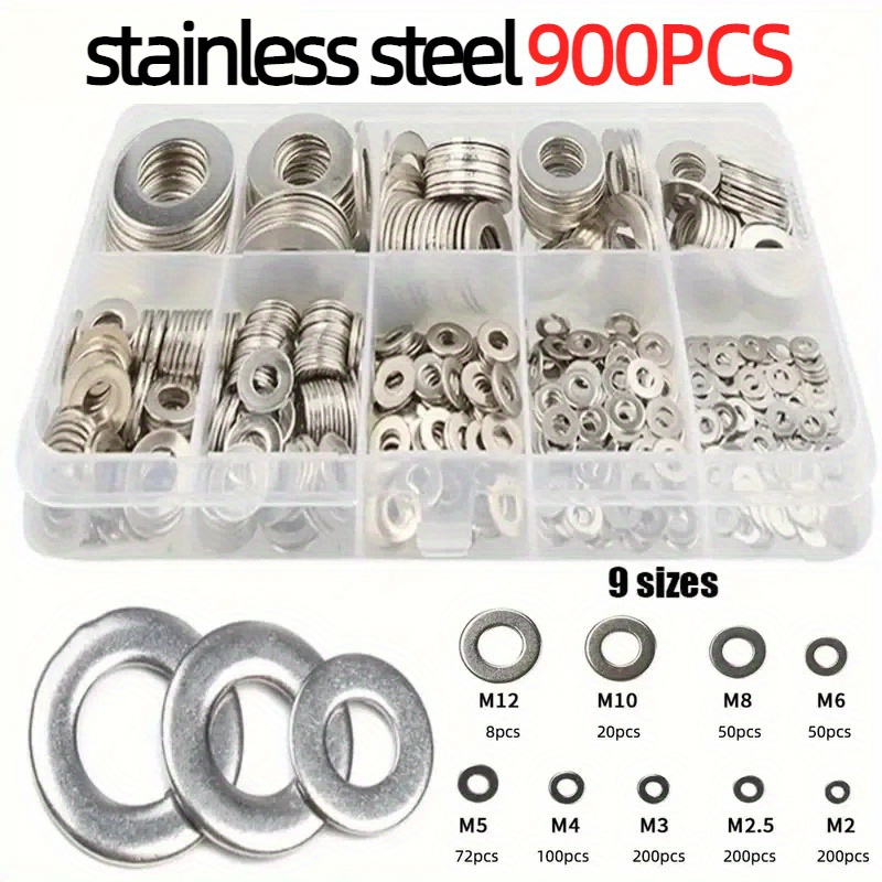 900pcs, Stainless Steel Washer Plain Washer Kit Screw Fastener Hardware Assortment Accessories M2/m2.5/m3/m4/m5/m6/m8/m10/m12