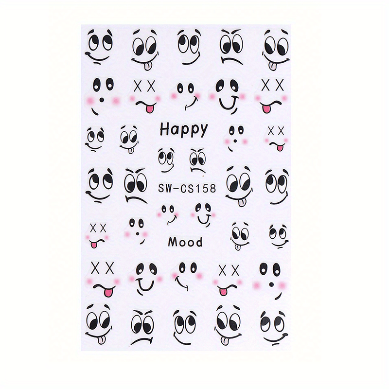 Image of 1 Sheet Cute Cartoon Face Nail Stickers - 3d Self-adhesive Gel Polish Decals For Diy Kawaii Nail Art, Fun & Design, Easy Application, Plastic Material, Perfect For & Pedicures