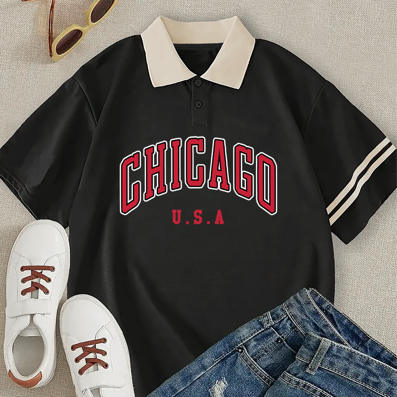 

Chicago Usa Letter Printed Shirt - Casual Polyester Knit Fabric With Collar, Button Detail, Regular