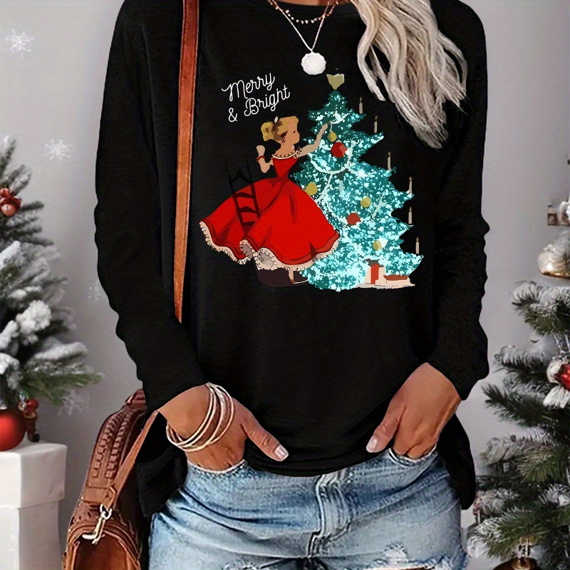 

Women's Casual Knit Polyester Christmas T-shirt With Crew Neck And Regular Length – Festive Graphic Tee For All Seasons