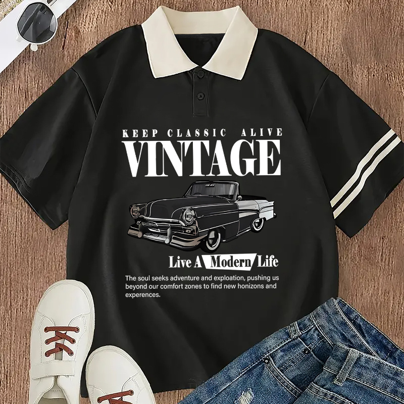 

Vintage Car Graphic Casual Shirt, 100% Polyester Knit Fabric, Regular Fit, Short Sleeve With Button Details, All-season Collar Top