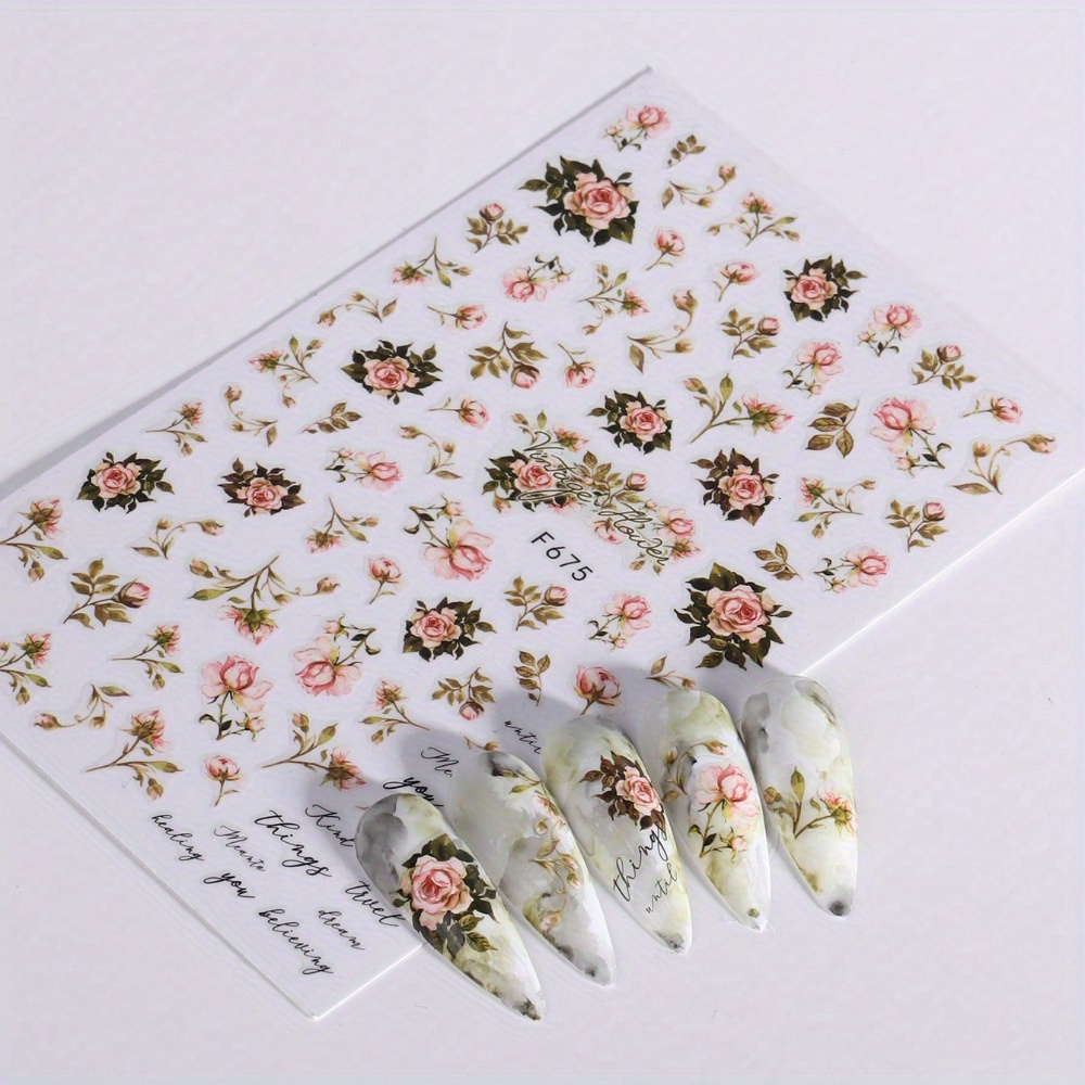 1 Sheet Rose Flower Nail Art Stickers, Elegant Floral 3d Art Decal Wedding Valentine Decor Romantic Acrylic Manicure Decorations Diy