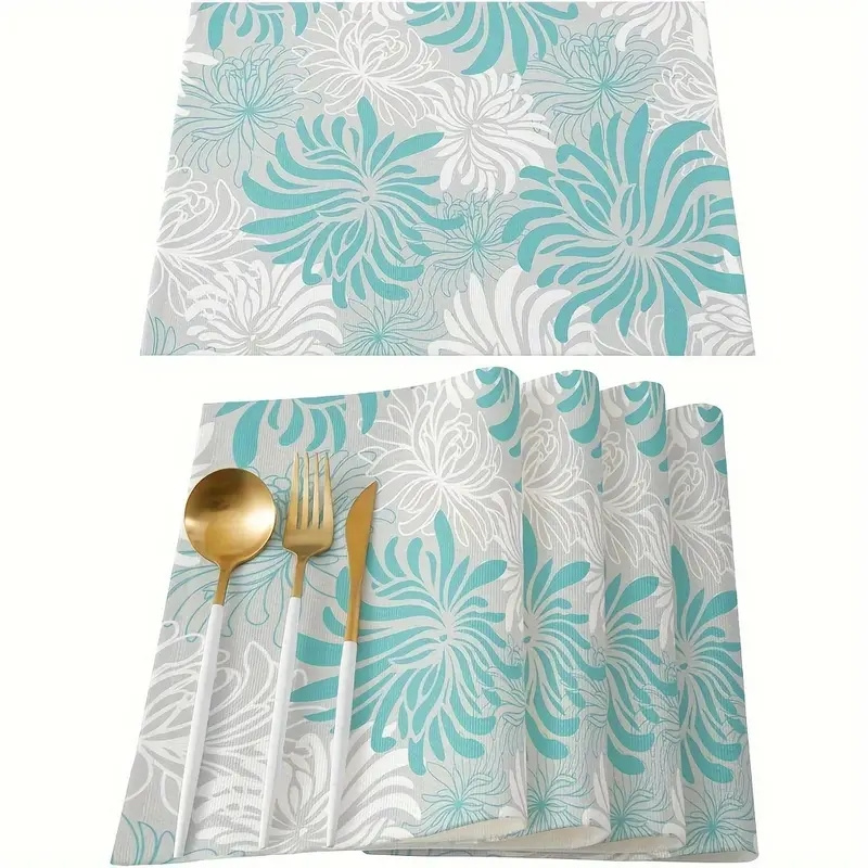 

4 Pcs Floral Pattern Woven Place Mats, Polyester, Rectangular, Machine Washable, Non-fade Decorative Table Mats For Wedding, Banquet, Party - Teal And Grey