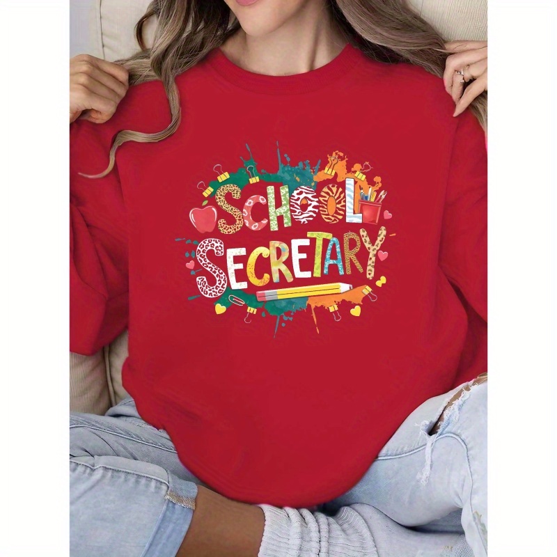 

School Secretary Graphic Crew Neck Sweatshirt - 100% Polyester Casual Knit Fabric Pullover With Geometric Pattern For Women - Fall/winter Season