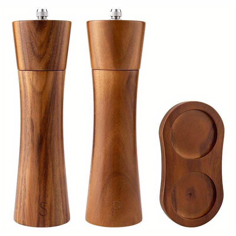 Image of Three-piece Set Acacia Mangium Pepper Grinder Wooden Mill Bottle Ground Black Pepper Sea Salt Kitchen Manual Seasoning Bottle