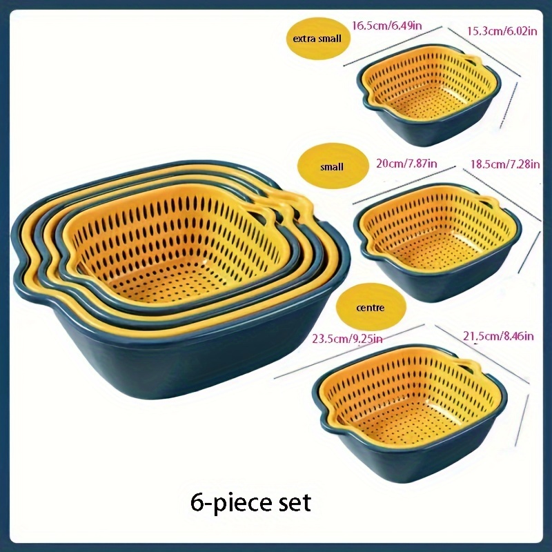 TEMU [6pcs Double Layer Colander Set] 6pcs Plastic Colander Set - Double Layer Drain Basket, Straining Pasta, Washing Fruits & Vegetables - Kitchen
