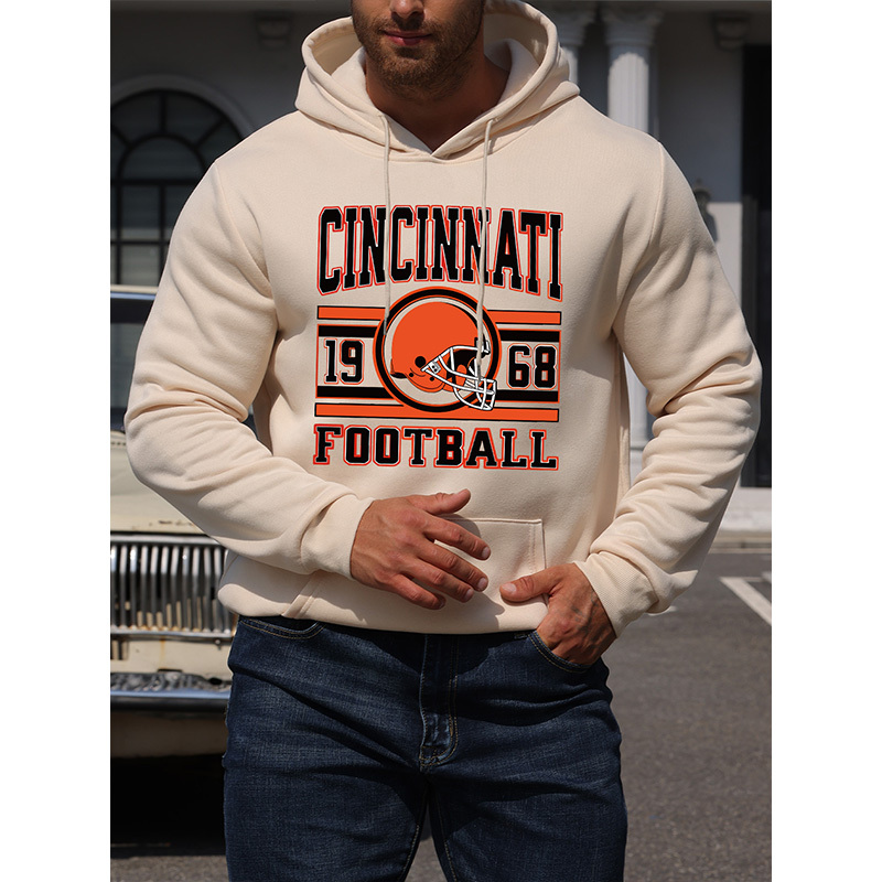 

Football 1968 Print, Men's Cozy Drawstring Long Sleeve Sweatshirt Hoodies With Kangaroo Pocket, Men's Casual Pullover Hoodies For Daily Wear