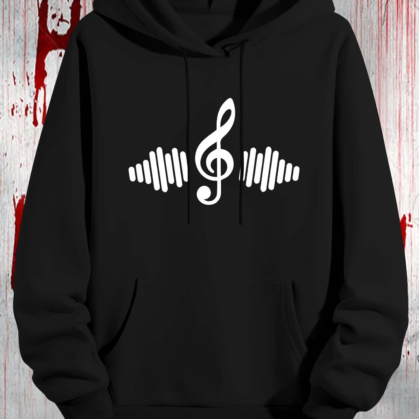 

Men's Casual Hoodie With Music Note Print - Cozy Fleece Pullover With Kangaroo Pocket, Fall/winter