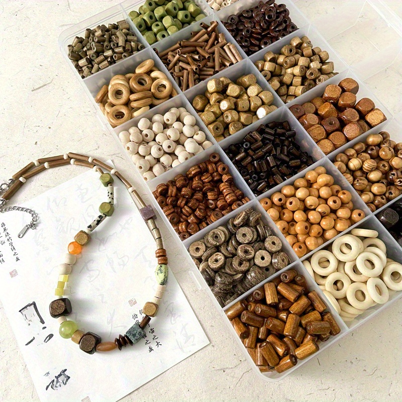 

Vintage-inspired Wooden Beads Set - Round & Square Shell Spacers For Diy Bracelets, Necklaces & Craft Projects