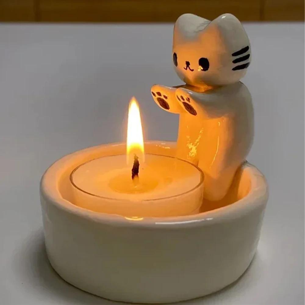 

Cat-shaped Ceramic Candle Holder - Diy Handmade Storage Box, Home , White